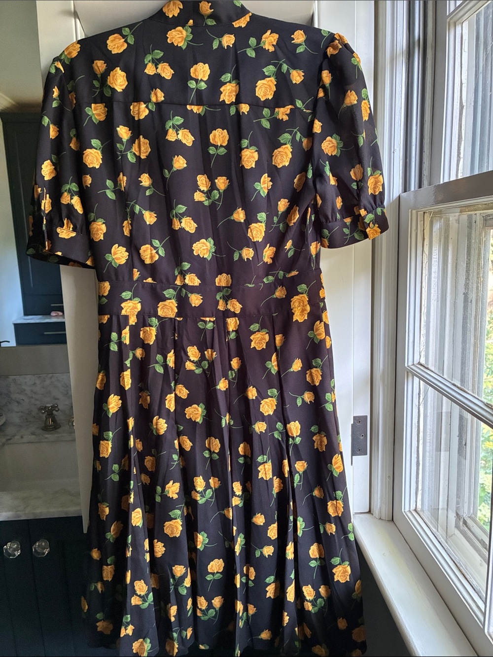 Michael Kors Collection Black Floral Tie-Neck Midi Dress with Yellow Roses - Picture 5 of 9